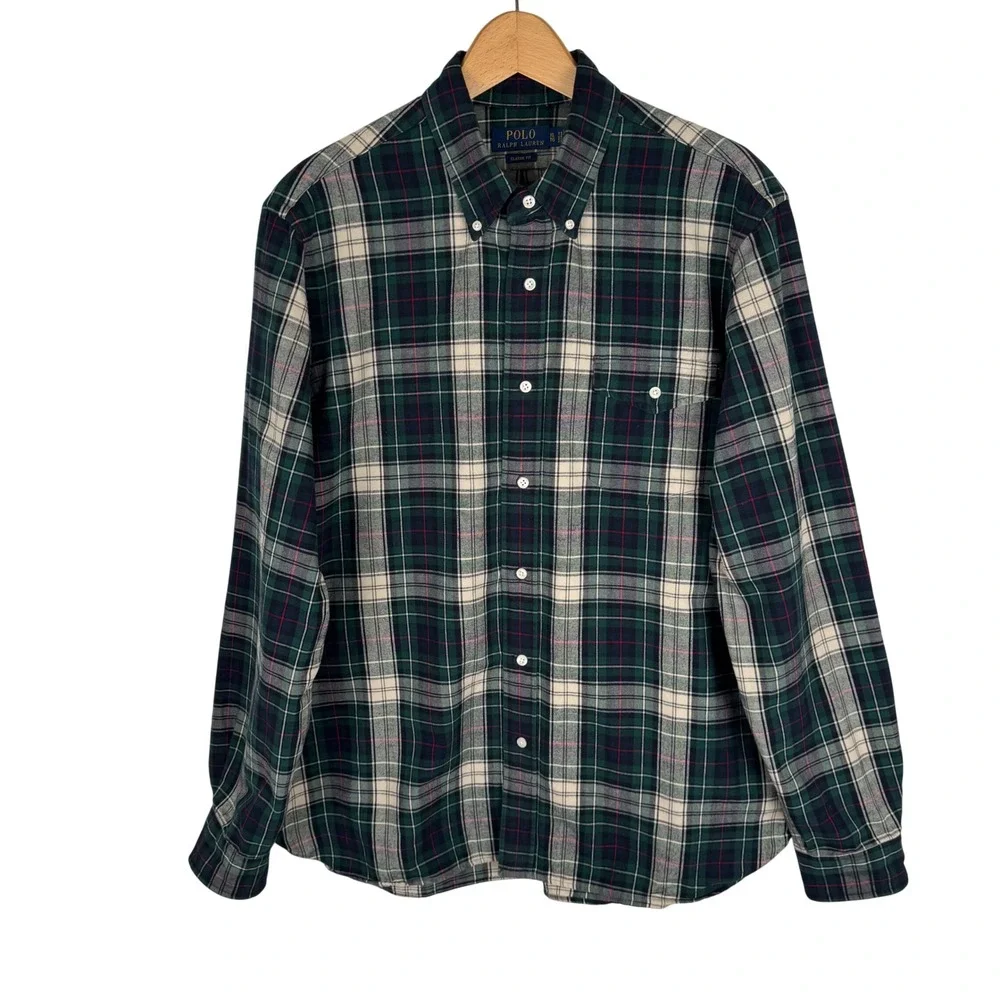 Polo Ralph Lauren Mens XL Classic Fit Plaid Flannel Button Down Shirt Green Navy